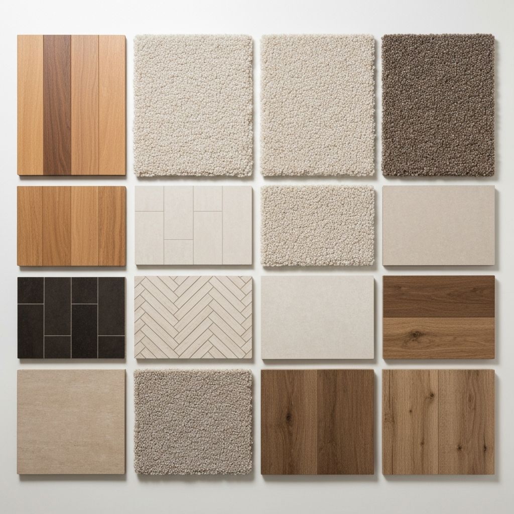Flooring material samples and swatches including timber, carpet, vinyl and laminate options