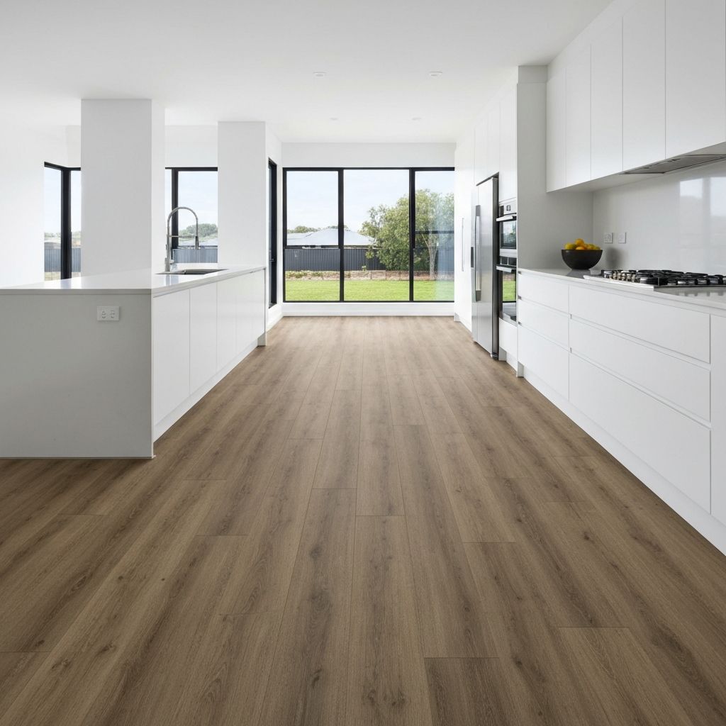 Luxury vinyl plank flooring installed in a modern Australian kitchen with wood-look finish